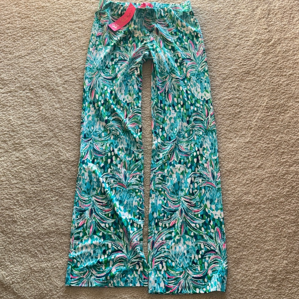 Lilly Pulitzer Palazzo pants with bright aqua and pink print. NWT WOMENS SIZE XS